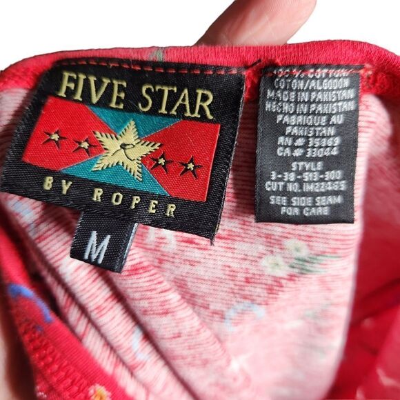 Roper Five Star Shirt Western Medium Red Cowboy Rodeo V Neck Long Sleeve - Picture 2 of 7